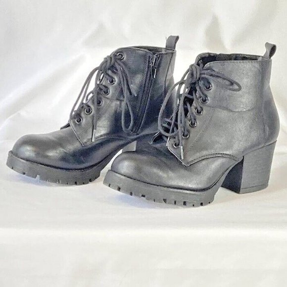 Soda Shoes - Soda Y2k Nevitt Combat Lace Up Zip Block Heel Ankle Boots
